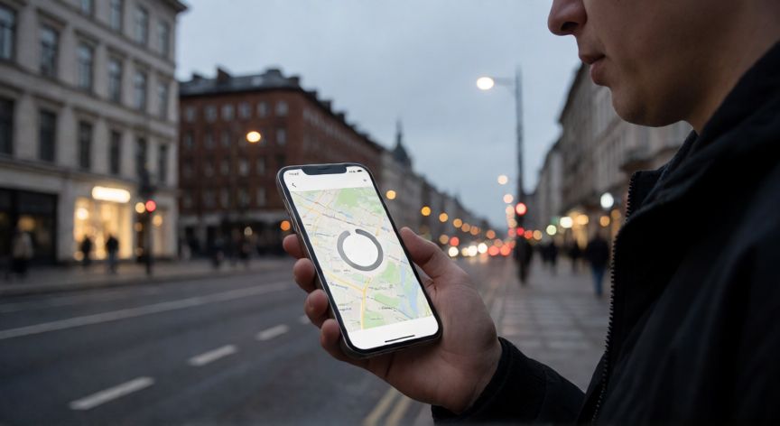 porque google maps no funciona, Persona con el móvil en la mano intentando abrir Google Maps en la calle con la app cargando