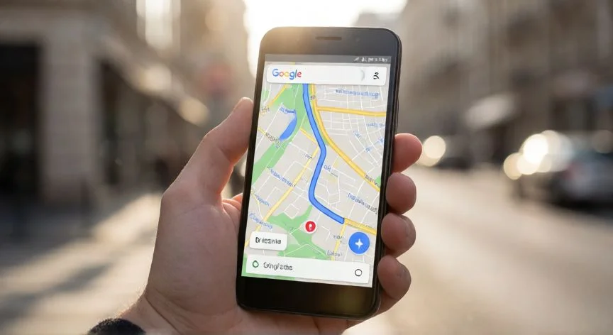 Móvil mostrando Google Maps con volumen multimedia bajo y ruta activa