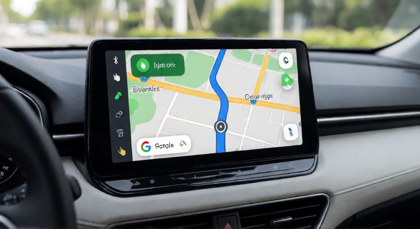 porque google maps no habla, Pantalla del coche con Android Auto y Google Maps mostrando navegación por voz activa