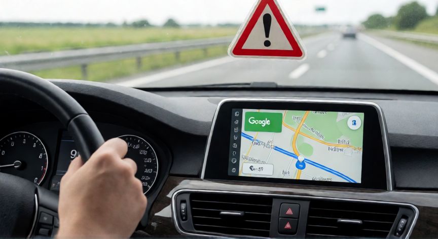 porque google maps no me avisa de los radares, Conductor mirando Google Maps en la pantalla de navegación del coche sin alertas de radar