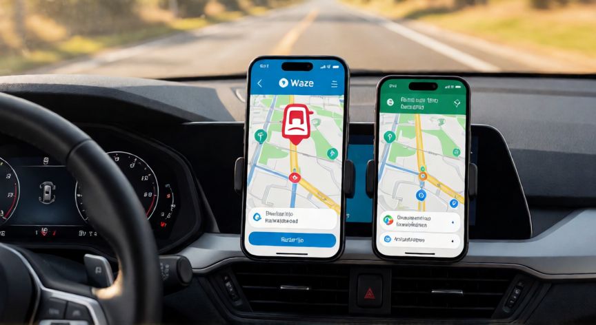porque google maps no me avisa de los radares, Móvil con Waze mostrando alerta de radar junto a Google Maps en el salpicadero del coche