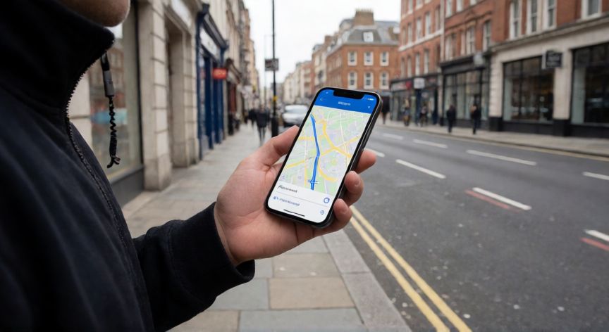 Persona mirando su móvil con Google Maps abierto sin que aparezca ninguna ruta marcada
