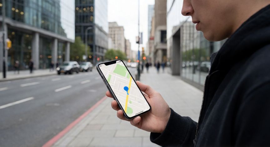 porque google maps no me ubica bien, Persona confundida mirando el teléfono con el punto de ubicación desplazado en Google Maps en plena calle