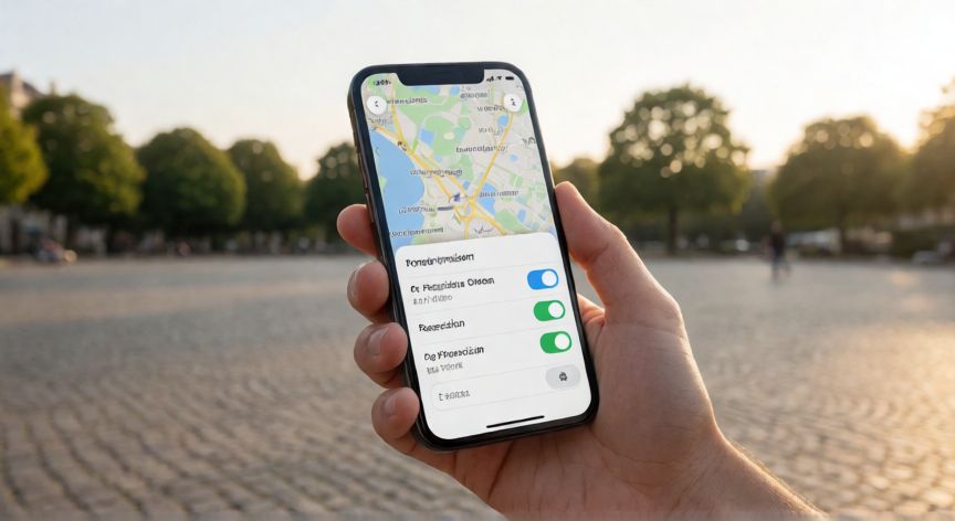 porque google maps no me ubica bien, Mano sosteniendo un teléfono al aire libre con la configuración de permisos de ubicación abierta en la pantalla