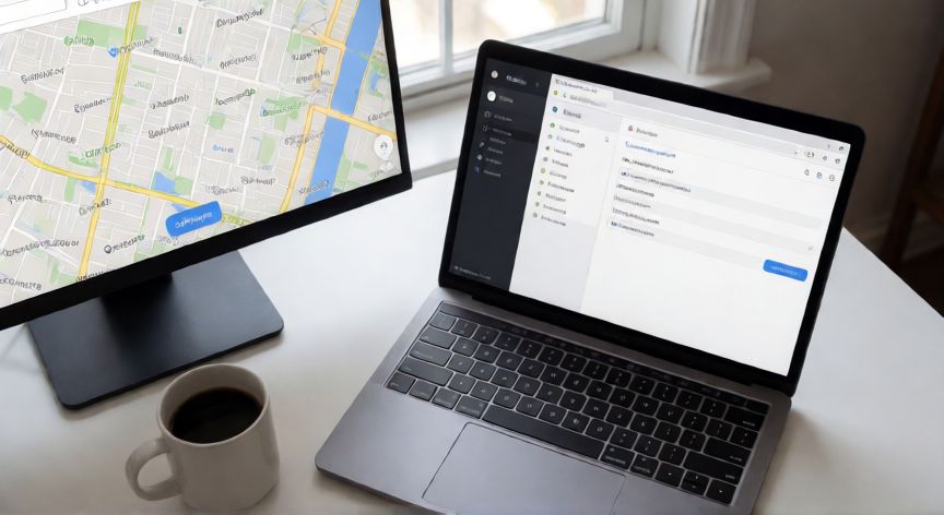 porque google maps se ve negro, Escritorio con laptop mostrando ajustes de GPU y mapa correcto en monitor