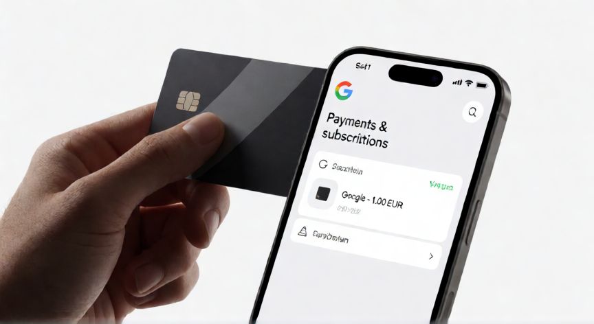 porque google me cobra 1 euro, Tarjeta de crédito y teléfono mostrando la sección de pagos de Google con un cargo de 1 euro