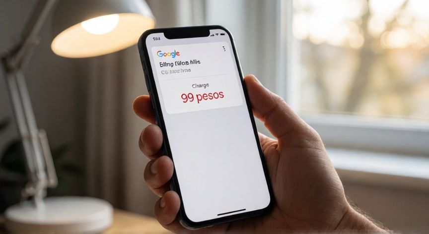 Teléfono mostrando notificación de cobro de 99 pesos por un servicio de Google