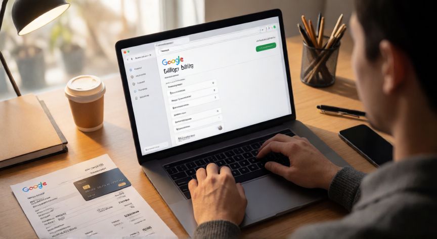 porque google me cobra 99 pesos, Persona revisando su historial de facturación de Google en una laptop junto a su tarjeta de crédito