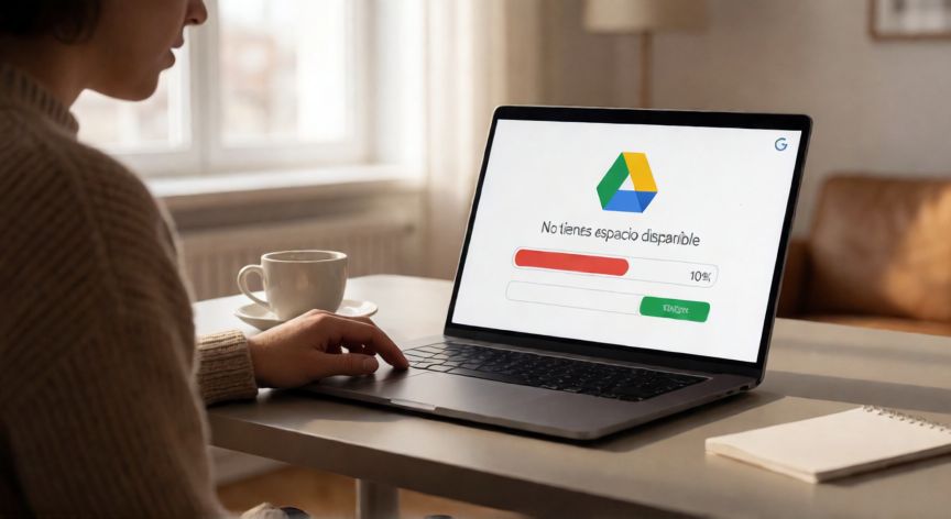 porque google me dice que no tengo espacio, Persona viendo el aviso de espacio insuficiente en Google Drive desde un portátil