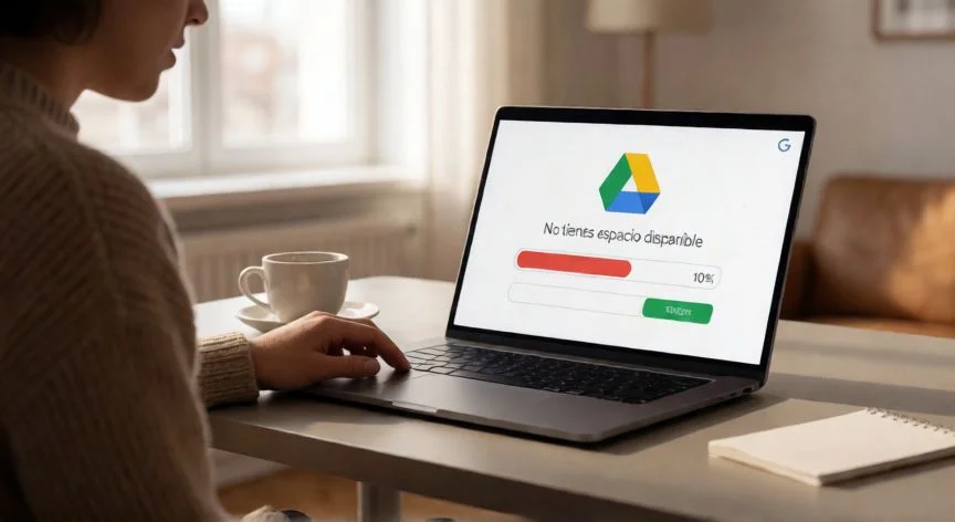 Persona viendo el aviso de espacio insuficiente en Google Drive desde un portátil