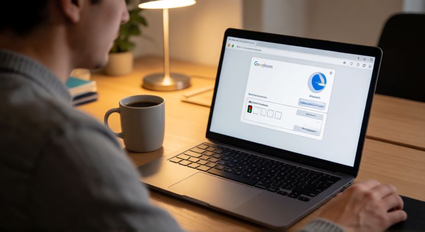 porque google me pregunta si soy un robot, Persona frente a un portátil viendo el test reCAPTCHA de Google con imágenes de semáforos