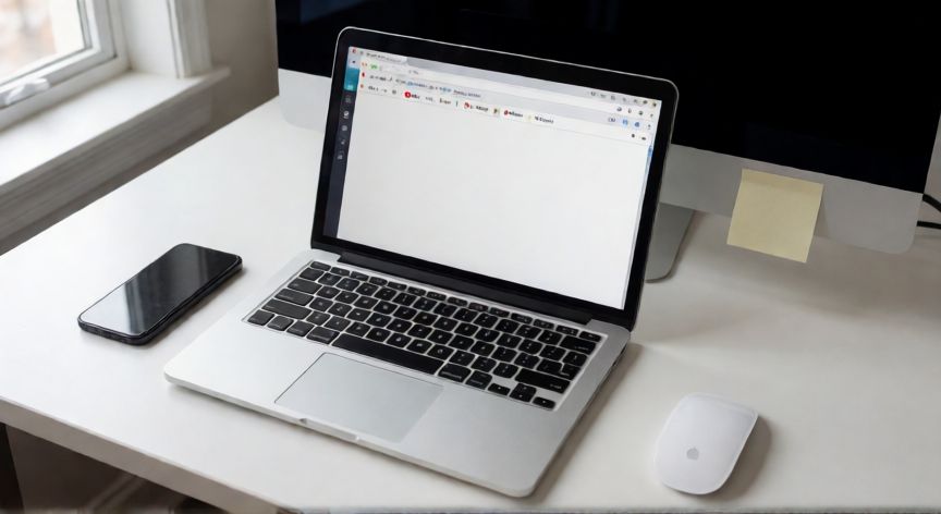 porque google me pregunta si soy un robot, Espacio de trabajo con portátil mostrando pestañas de Google y notas de configuración del navegador