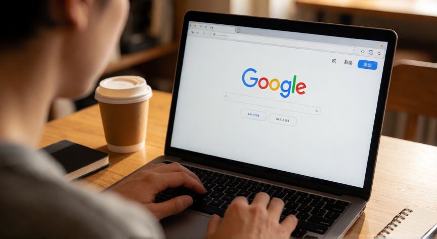 porque google me sale en japones, Persona frente a una laptop con la interfaz de Google mostrada en japonés