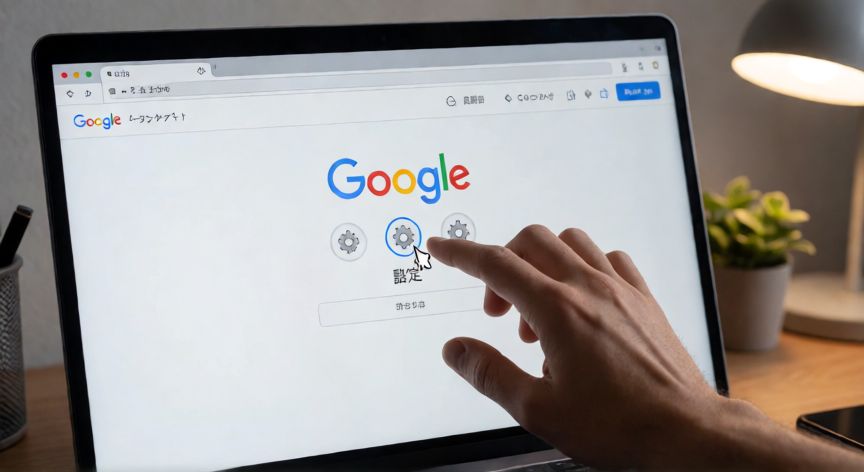 porque google me sale en japones, Cursor haciendo clic en el icono de ajustes de Google para cambiar el idioma