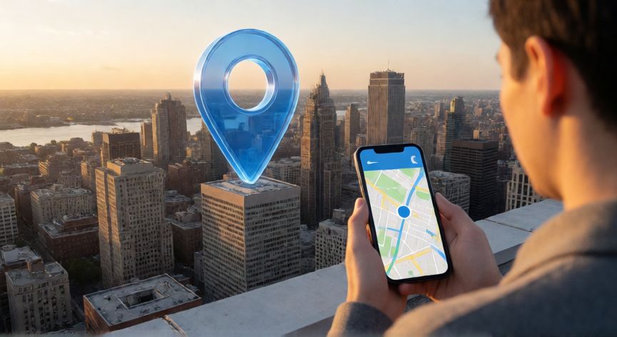 porque google me ubica en otra ciudad, Persona en una azotea mirando un móvil con la ubicación incorrecta en el mapa mientras el pin GPS apunta a otra ciudad