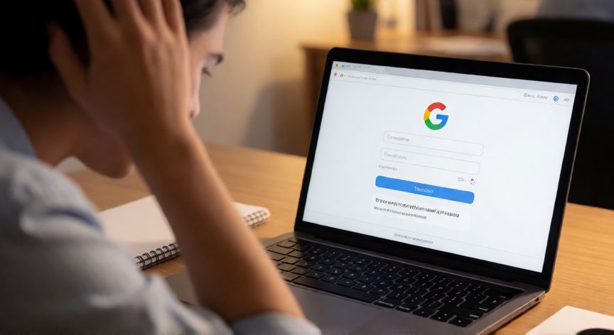 porque google no me deja crear una cuenta, Persona confundida ante un error al intentar crear una cuenta de Google en su portátil