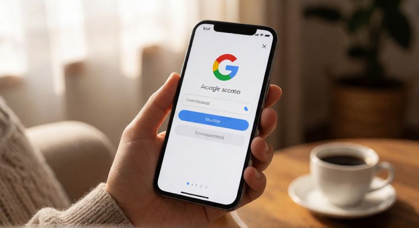 porque google no me deja crear una cuenta, Móvil mostrando la pantalla de verificación telefónica para el registro en Google sobre una mesa de madera