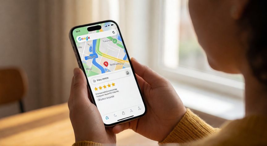 porque google no me deja poner reseñas, Persona con el móvil mostrando la app de Google Maps con el botón de reseña deshabilitado