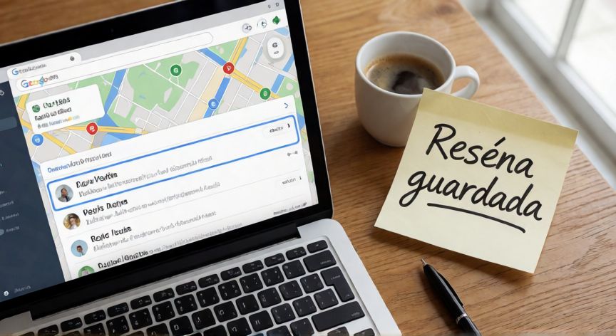 porque google no me deja poner reseñas, Pantalla de ordenador con ficha de negocio en Google Maps y nota adhesiva con la reseña guardada