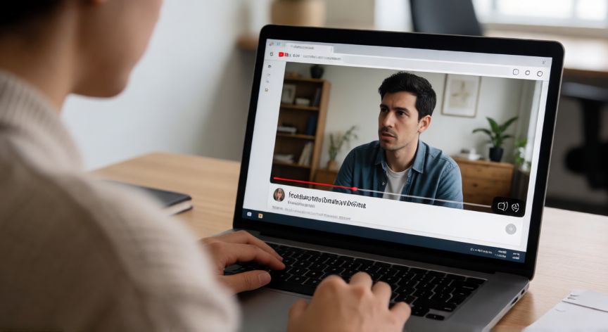 porque google no tiene sonido, Persona frente a una laptop con el icono de sonido silenciado en la barra de tareas y un vídeo de YouTube sin audio