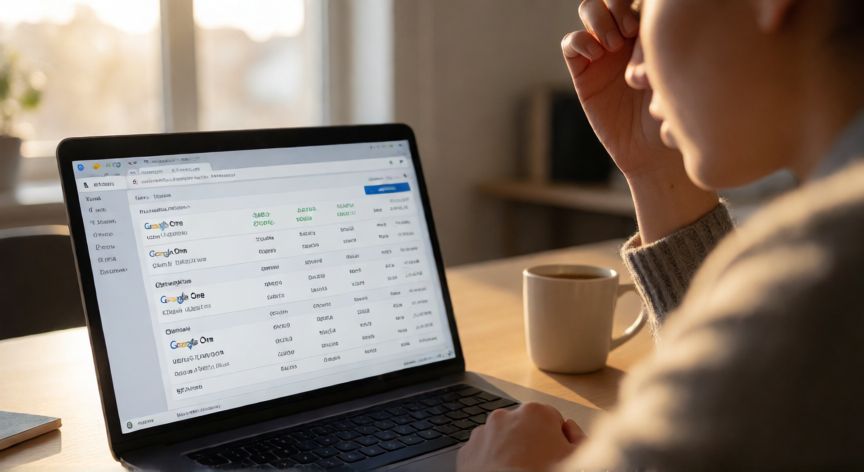 Persona revisando dos cargos de Google One en su extracto bancario en la pantalla de un portátil