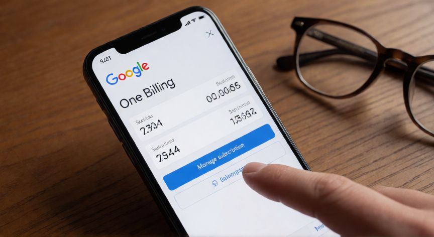 porque google one me cobra dos veces, Pantalla del móvil mostrando la sección de facturación y suscripción de Google One con el dedo pulgar sobre el botón de gestión