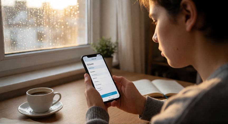 Persona mirando su móvil con expresión de decepción al no poder acceder a la app de encuestas