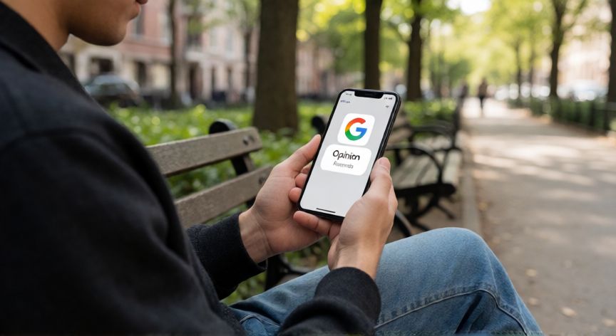 Persona mirando el móvil con la app de Google Opinion Rewards en un parque urbano