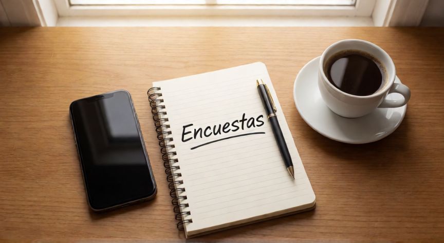 porque google opinion rewards no me da encuestas, Móvil con la app de encuestas sobre un escritorio de madera con libreta y café