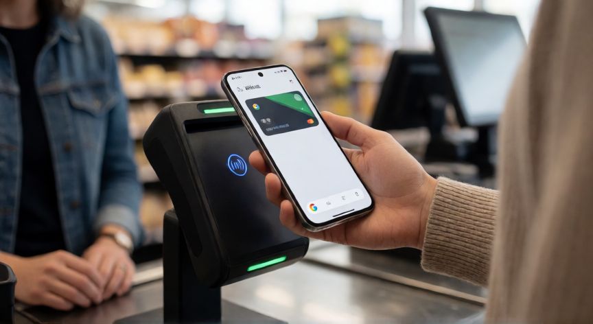 porque google pay no acepta mi tarjeta, Persona usando Google Pay en un terminal de pago NFC en un supermercado