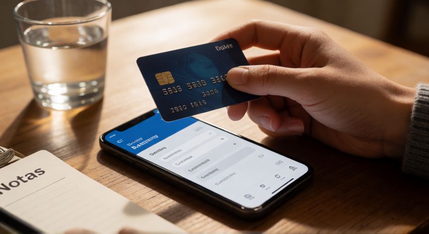 porque google pay no acepta mi tarjeta, Manos revisando los ajustes de seguridad de una tarjeta en la app del banco desde el móvil
