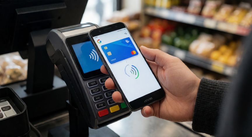 Persona acercando el móvil con Google Pay a una terminal de pago contactless