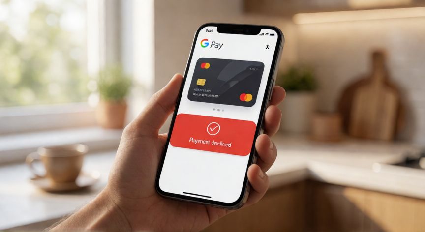 porque google pay rechaza mi pago, Móvil mostrando mensaje de rechazo de pago en la app de Google Pay