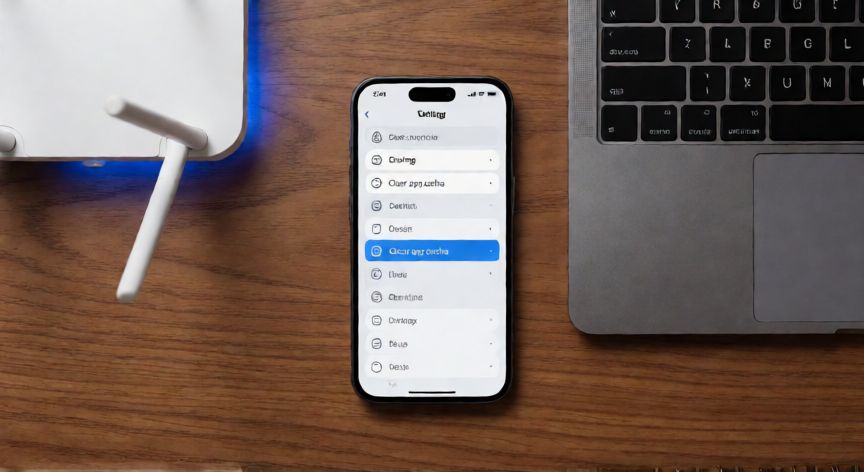 porque google play juegos no funciona, Vista cenital de un móvil en el menú de ajustes para borrar caché junto a un router inalámbrico