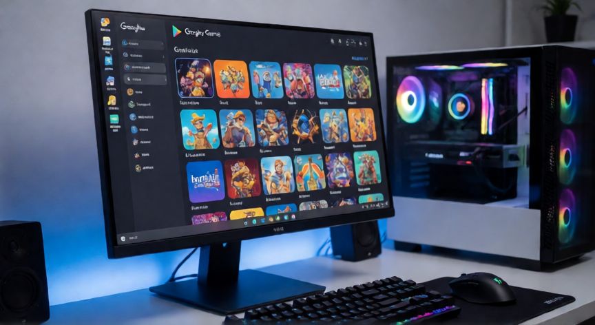 PC de escritorio con Windows mostrando la aplicación Google Play Games en la pantalla