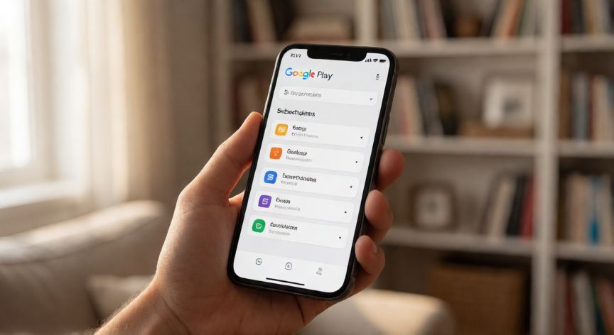 porque google play me cobra, Mano sosteniendo un móvil con la sección de suscripciones de Google Play abierta