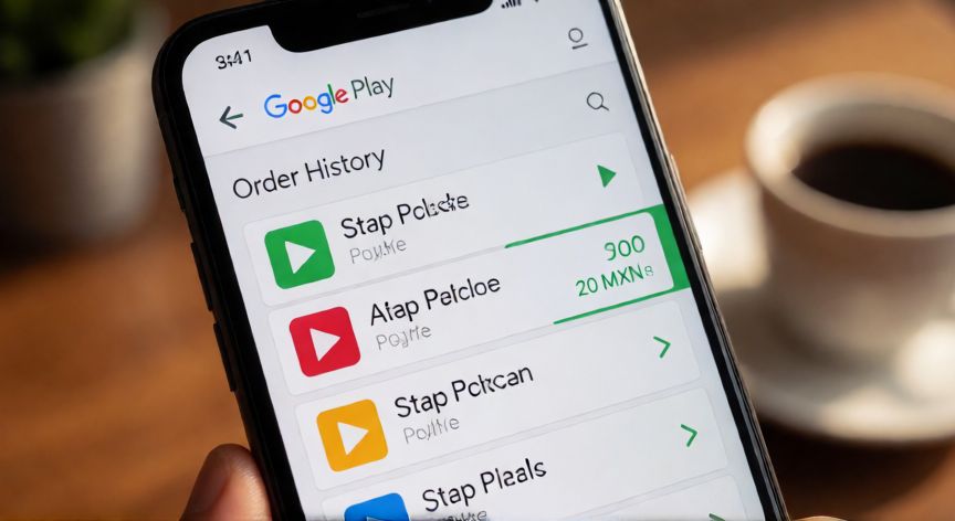 porque google play me cobro 20 pesos, Pantalla de historial de pedidos de Google Play mostrando un cargo de 20 pesos