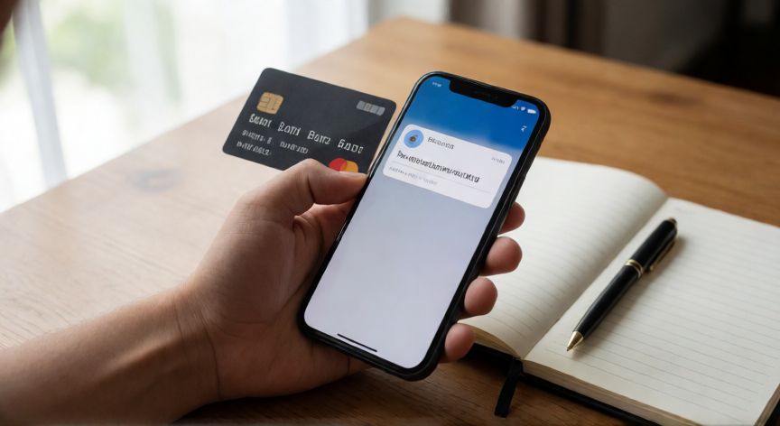 porque google play me cobro 20 pesos, Persona revisando un cargo de Google Play en su teléfono junto a su tarjeta bancaria