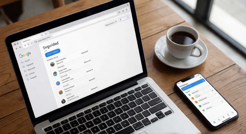 porque google play me pide contraseña, Página de seguridad de la cuenta Google mostrando dispositivos activos junto a un teléfono en un escritorio de trabajo