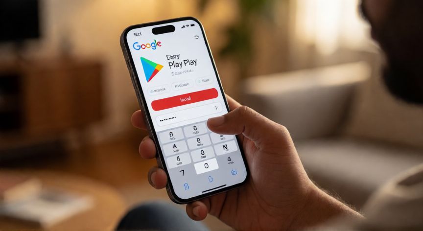 Persona introduciendo su contraseña en Google Play para instalar una aplicación