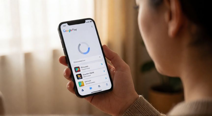 porque google play no abre, Persona con el móvil mostrando que la Play Store se queda cargando