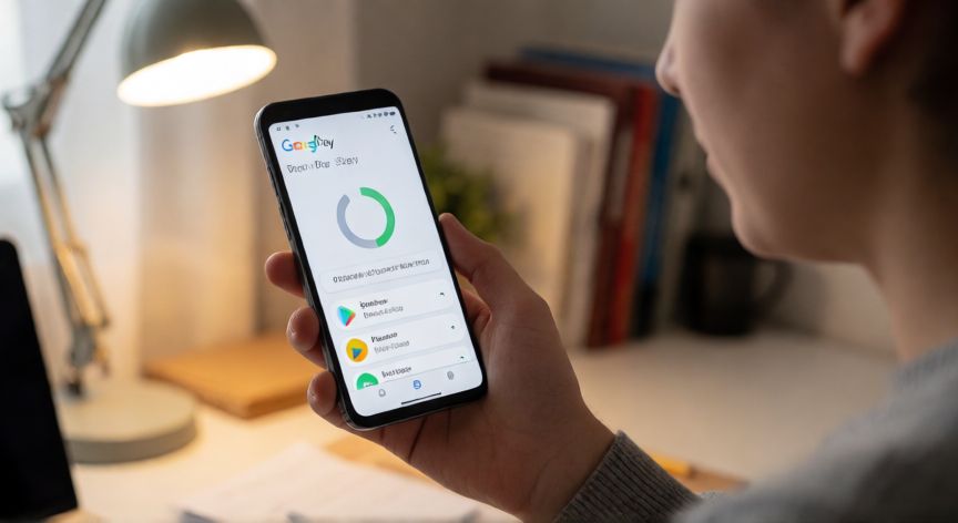 porque google play no me deja actualizar aplicaciones, Persona mirando el móvil con la Play Store bloqueada en la actualización
