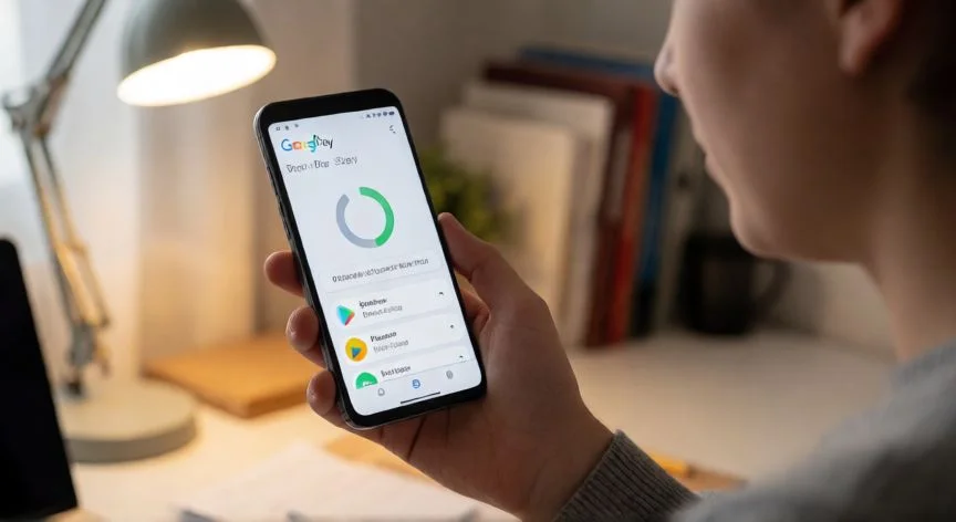 Persona mirando el móvil con la Play Store bloqueada en la actualización
