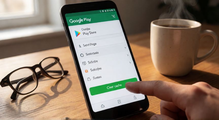 porque google play no me deja actualizar aplicaciones, Pantalla del móvil mostrando la opción de borrar caché en Google Play Store