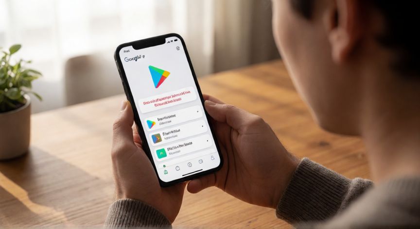 porque google play no me deja descargar aplicaciones, Persona con el telefono mostrando error de descarga en Google Play Store
