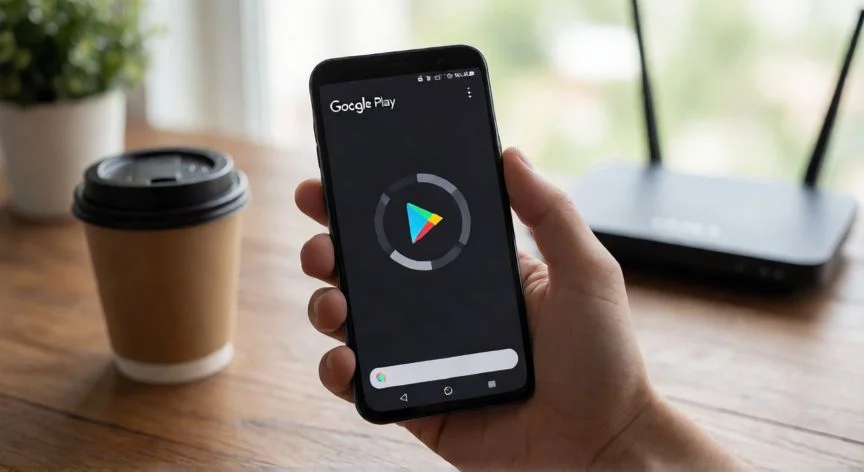 Teléfono Android con Google Play Store cargando y atascado sobre un escritorio con router