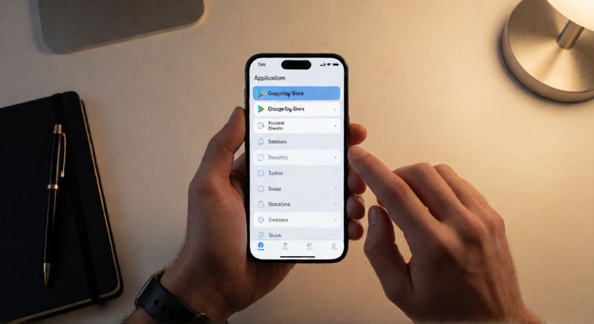porque google play no me funciona, Manos abriendo los ajustes de aplicaciones en un móvil Android para restablecer Google Play Store