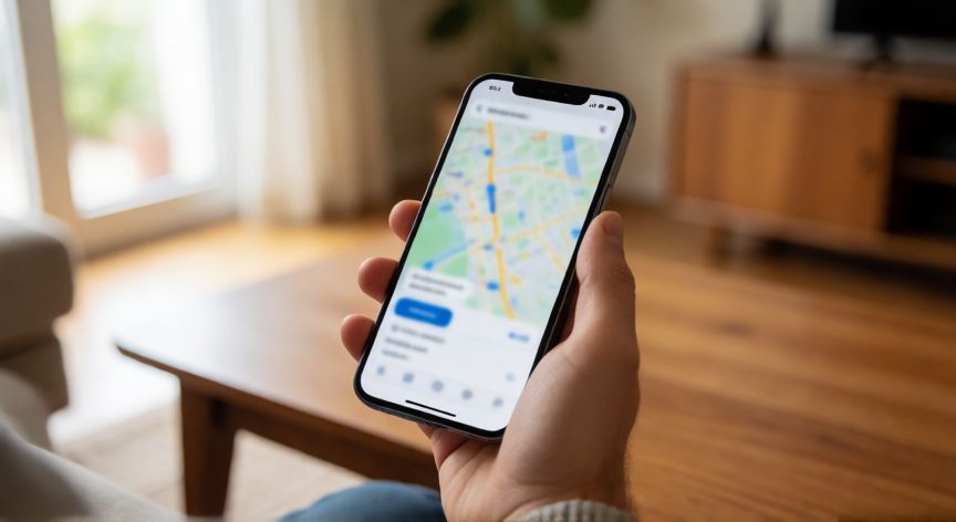 Persona sosteniendo un móvil con una aplicación de mapas abierta sobre una mesa de madera
