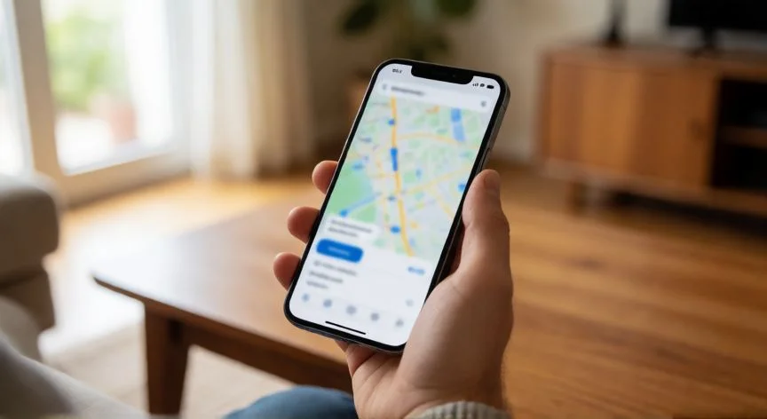 Persona sosteniendo un móvil con una aplicación de mapas abierta sobre una mesa de madera