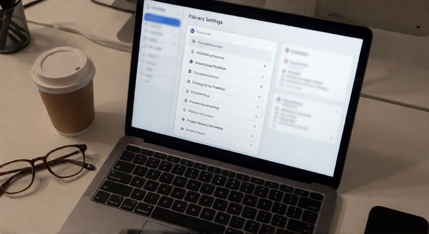 porque google quiere saber mi ubicacion, Vista cenital de un portátil con un panel de configuración de privacidad abierto sobre un escritorio de oficina